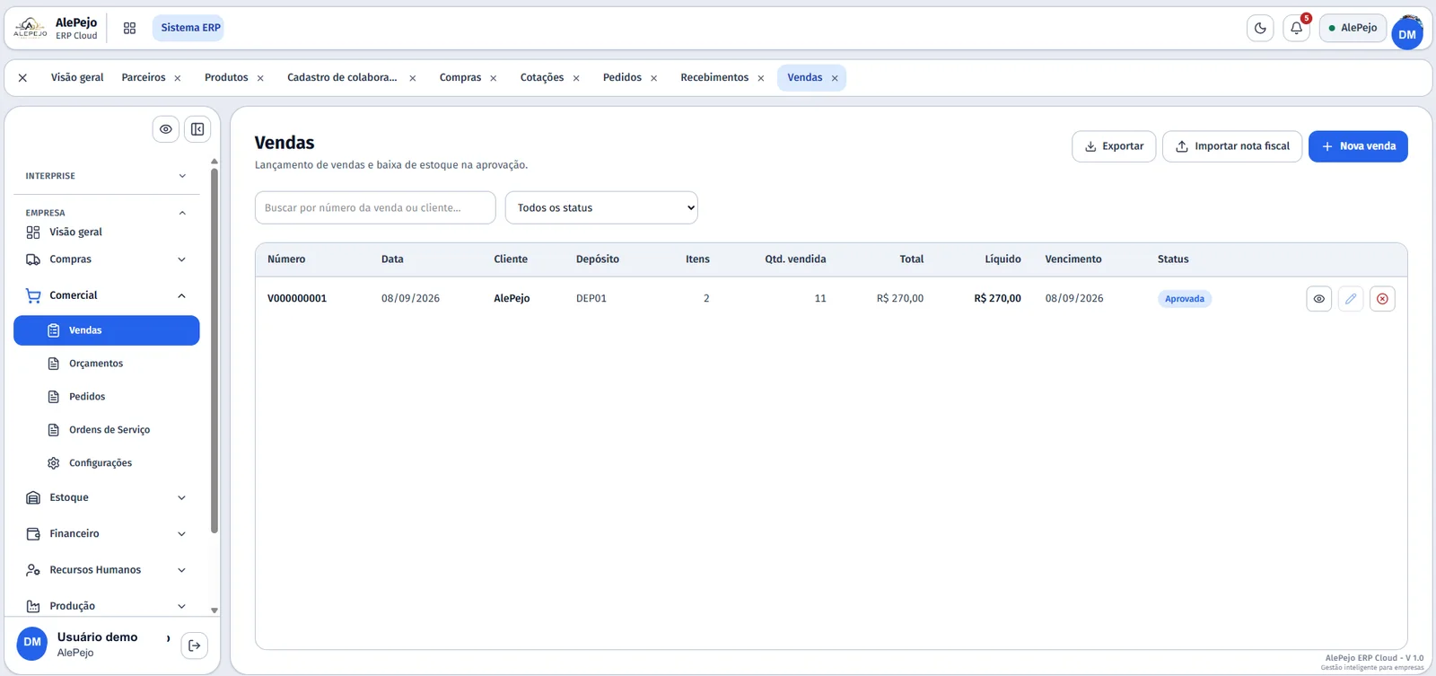 Lista de vendas com cliente, depósito, valores e situação