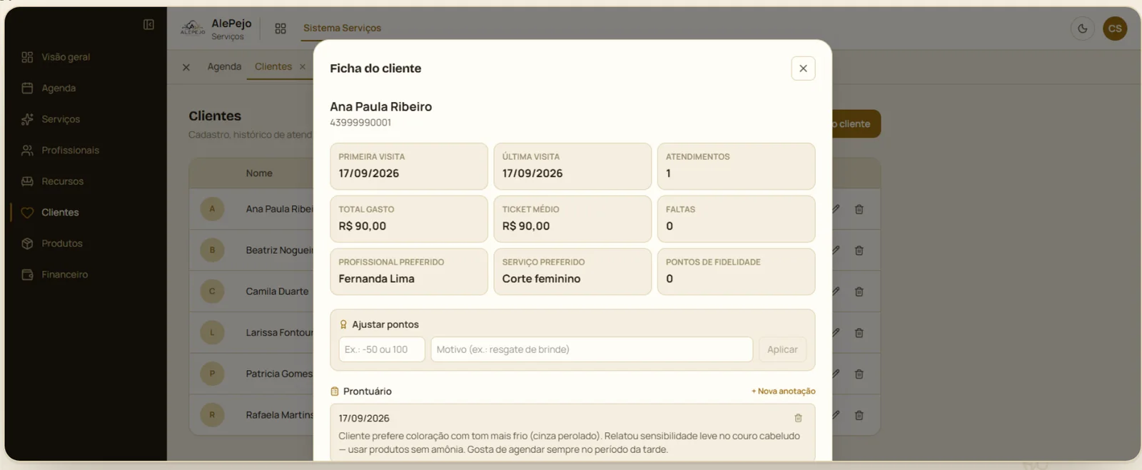 Ficha do cliente do AlePejo Serviços